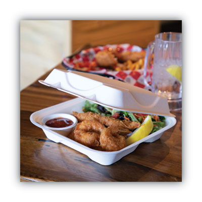 EP-HC93 ECO-Products® Compostable Sugarcane Clamshells with 3 compartments, 9 x 9 x 3, White